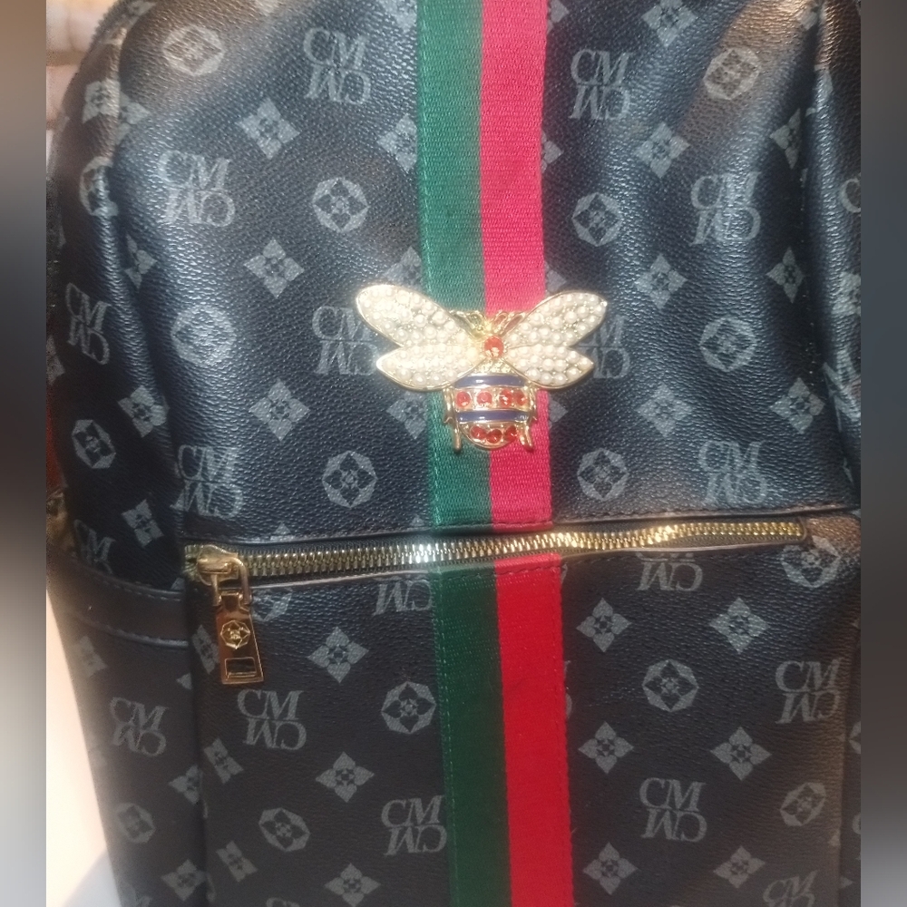Monogram Backpack/Crossbody, Bumblebee emblem garnish with pearls and rhinestone